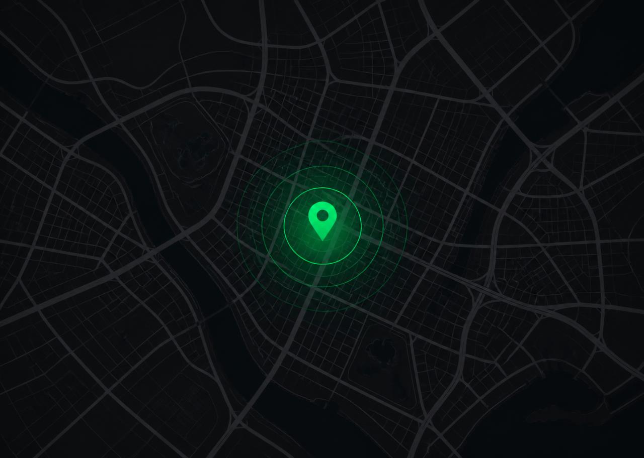 Dark map illustration with a green location marker and radar rings marking an area